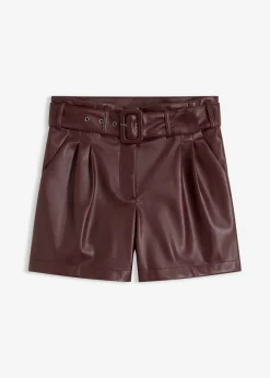 New Pantalón corto de piel sintética con cinturón Mujer Shorts|Pantalones