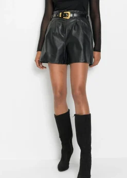 Online Pantalón corto de piel sintética con cinturón Mujer Shorts|Pantalones