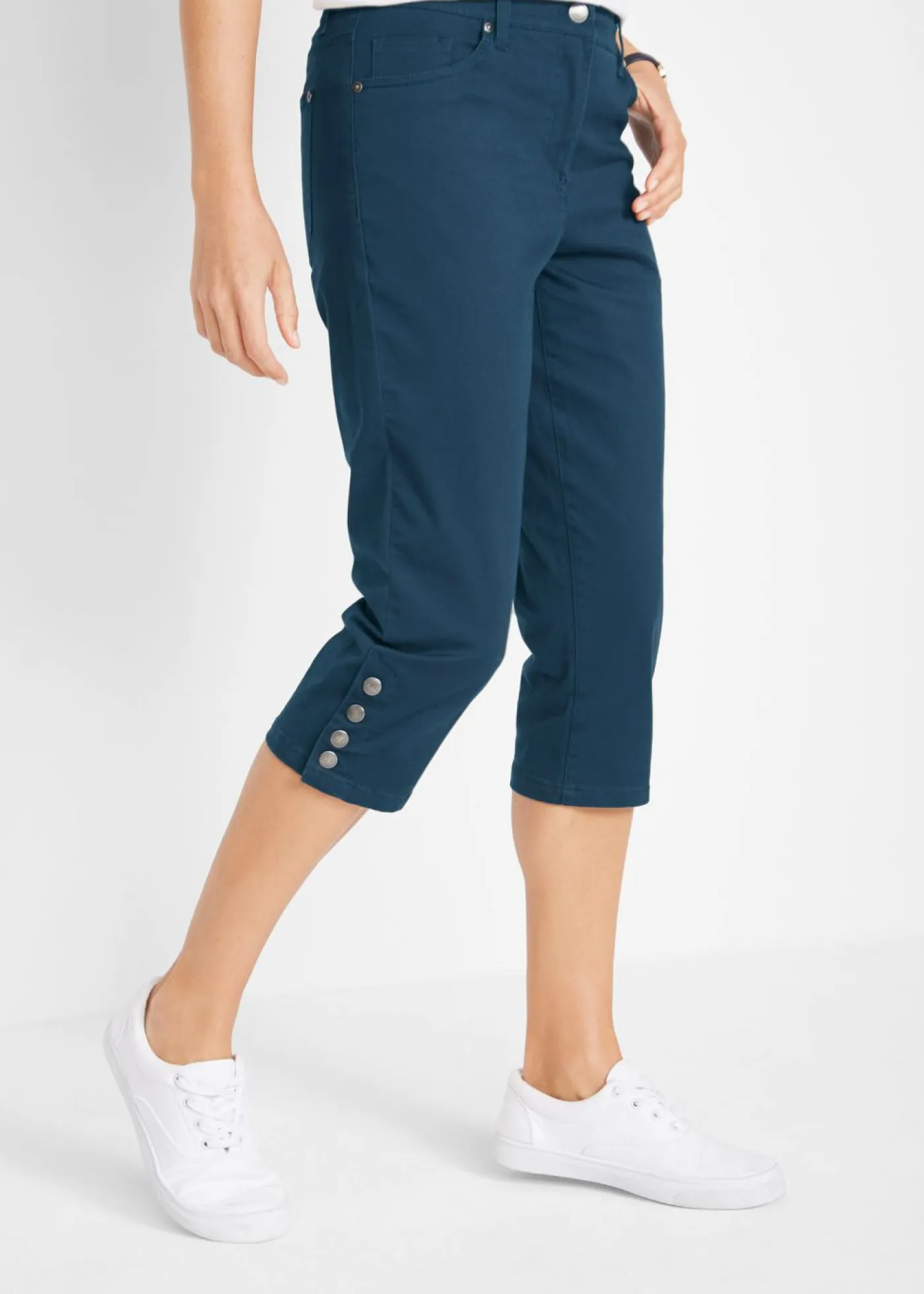 Pantalón de corte capri con cintura elástica y botones Mujer Pantalones
