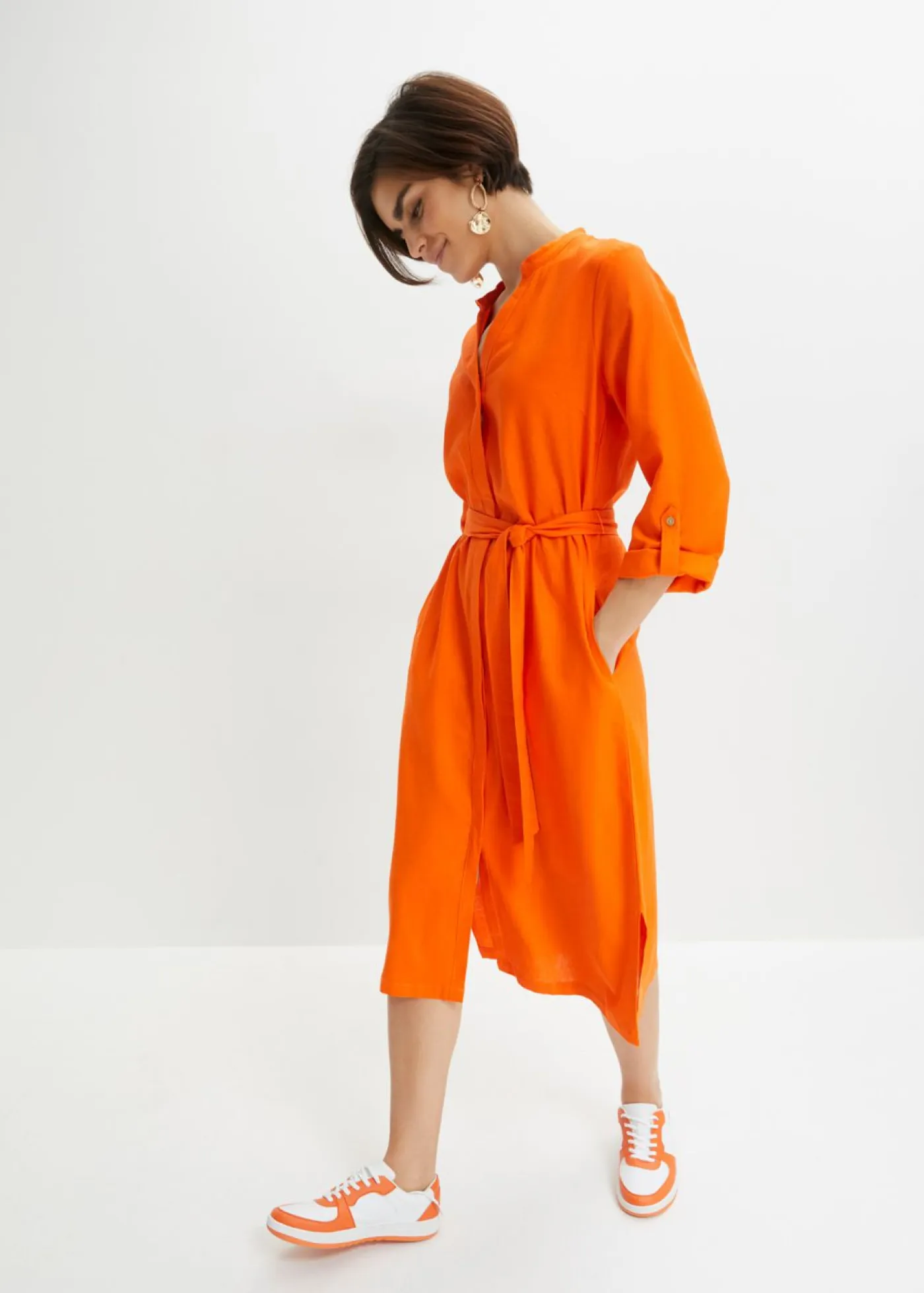 Outlet Pantalón de mezcla de lino y viscosa con talle alto y pernera corta Mujer Pantalones