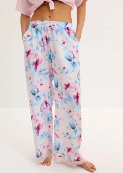 New Pantalón largo de pijama de satén brillante Mujer Ropa Para Dormir