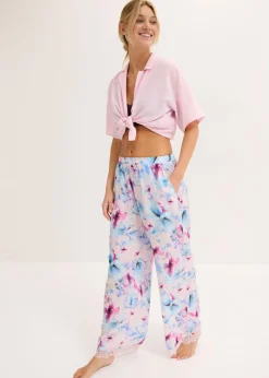 New Pantalón largo de pijama de satén brillante Mujer Ropa Para Dormir