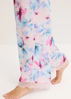 New Pantalón largo de pijama de satén brillante Mujer Ropa Para Dormir