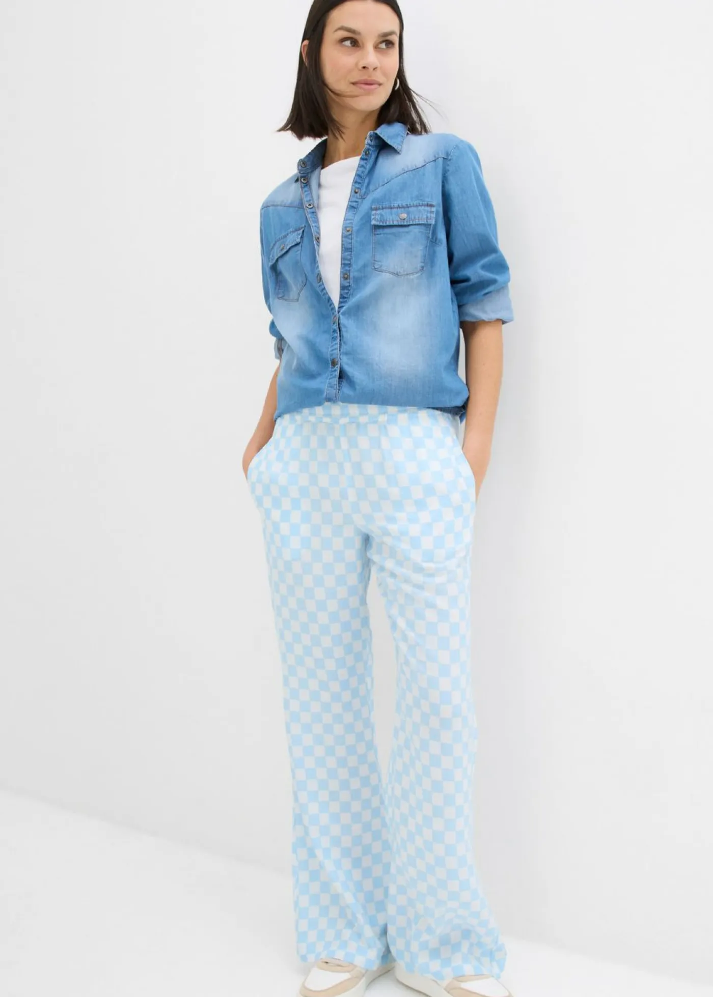 Pantalón Marlene de viscosa fluida con estampado de cuadros Mujer Pantalones