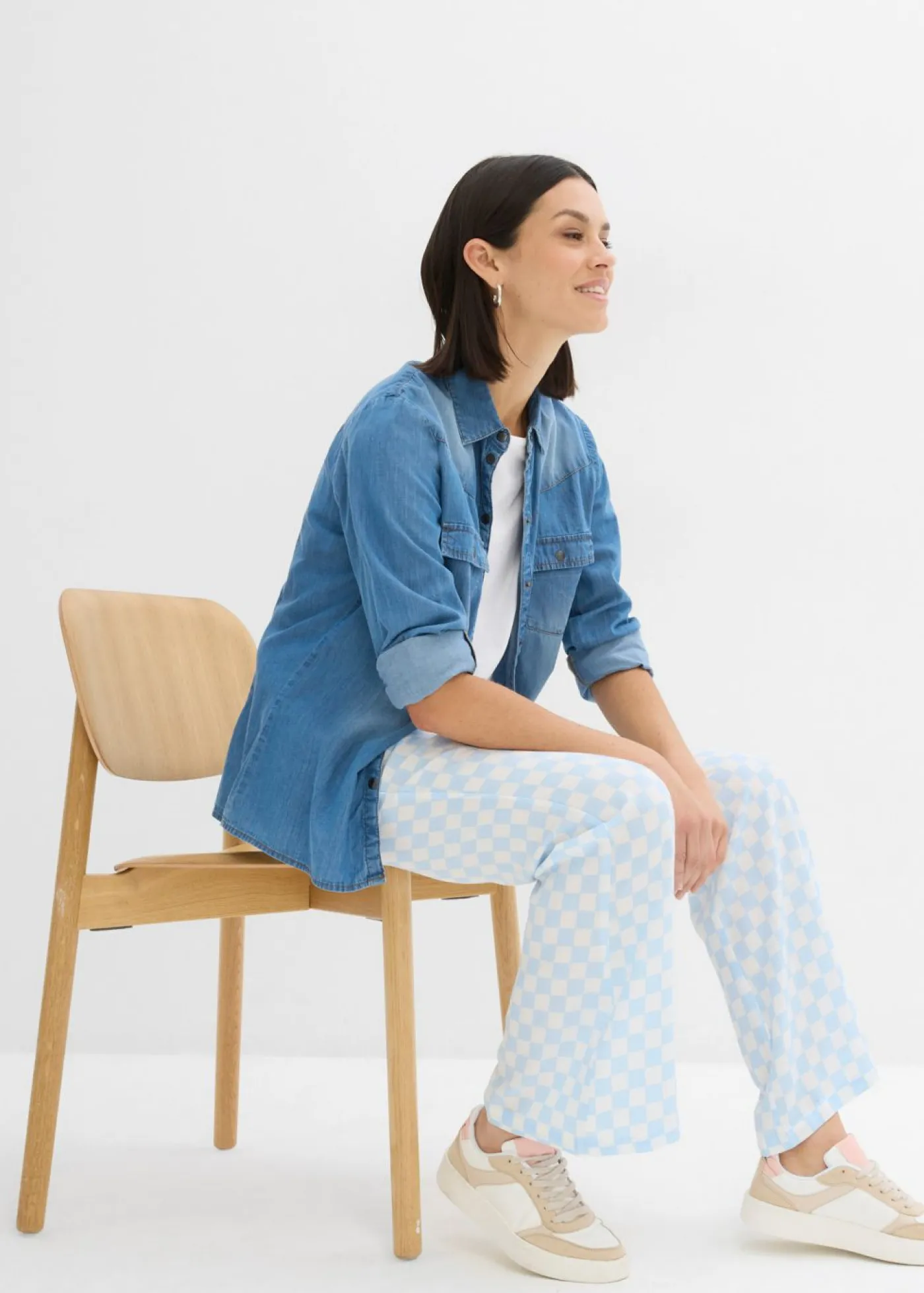 Pantalón Marlene de viscosa fluida con estampado de cuadros Mujer Pantalones