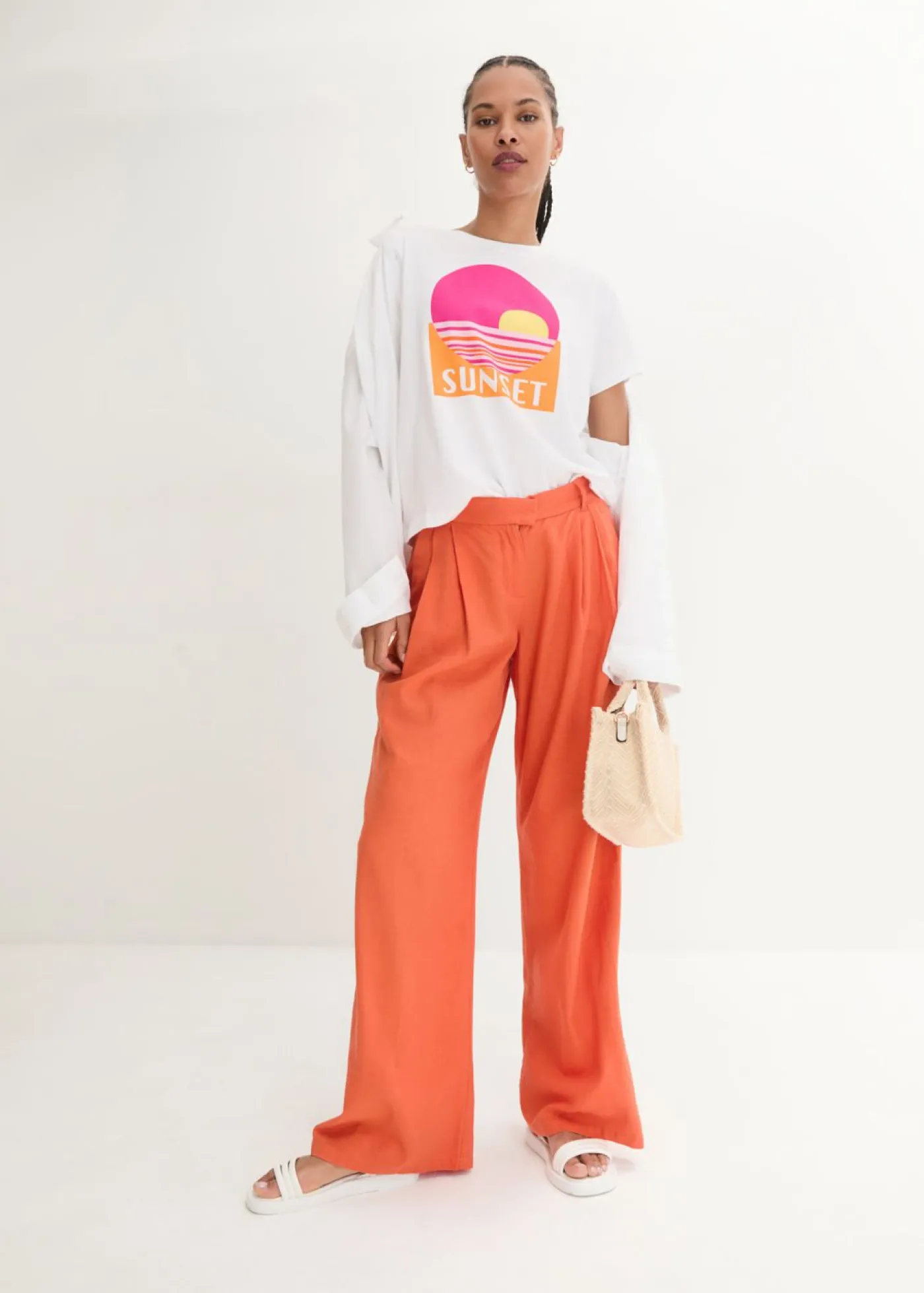Online Pantalón palazzo de mezcla ligera de viscosa y lino Mujer Esenciales|Pantalones