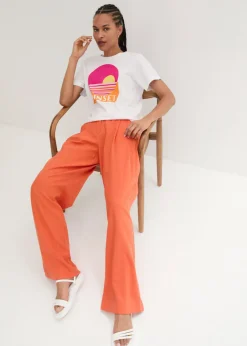 Online Pantalón palazzo de mezcla ligera de viscosa y lino Mujer Esenciales|Pantalones