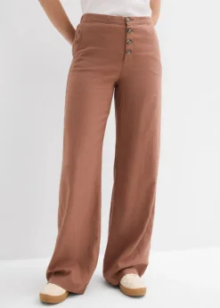 Pantalón palazzo largo con lino Mujer Pantalones|Novedades