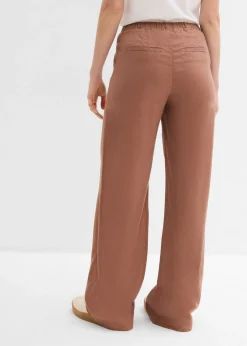 Pantalón palazzo largo con lino Mujer Pantalones|Novedades