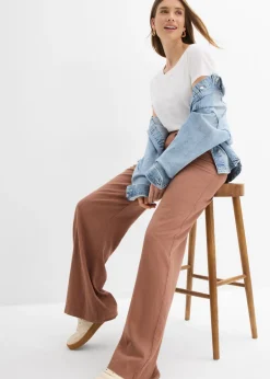 Pantalón palazzo largo con lino Mujer Pantalones|Novedades