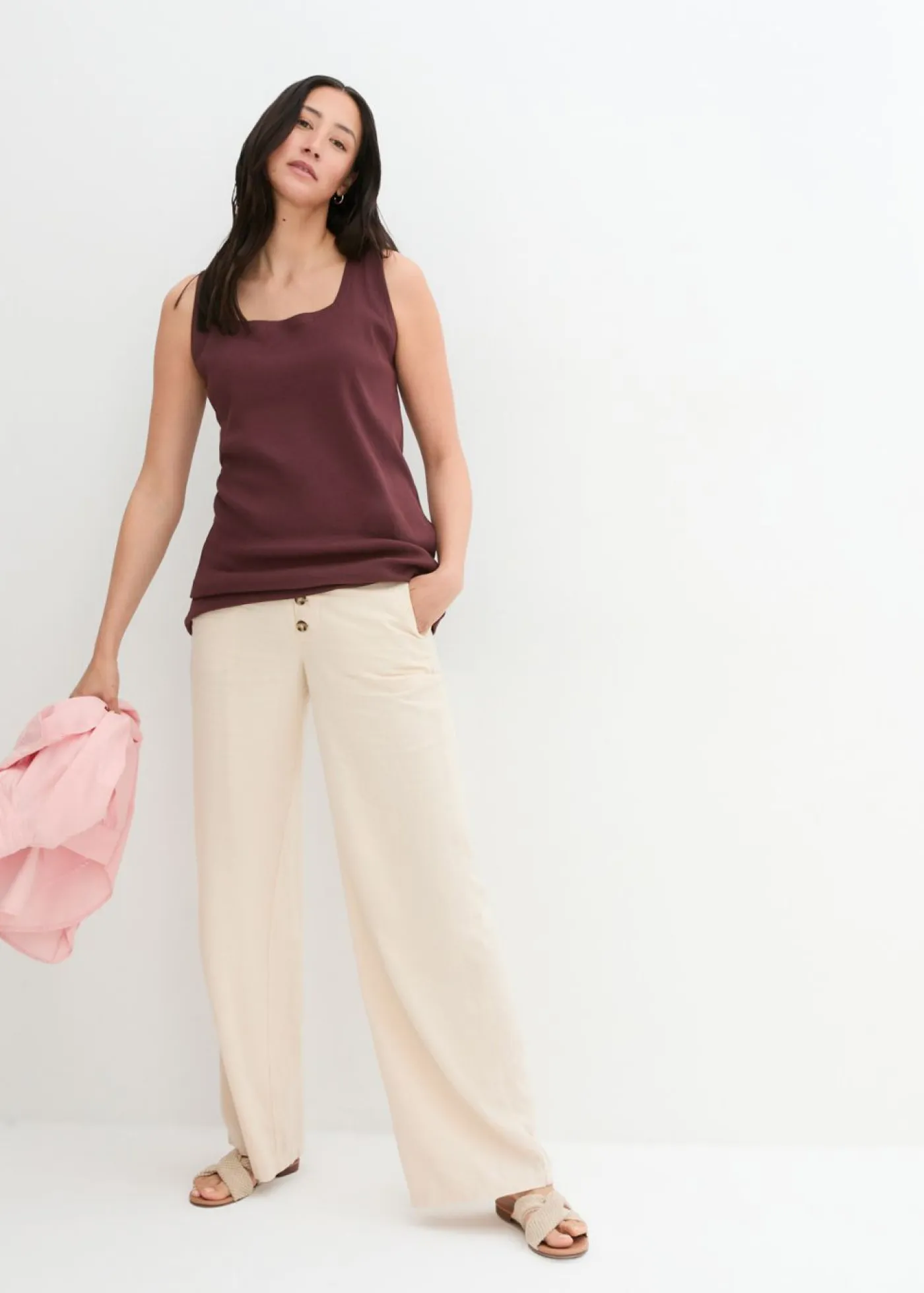 Pantalón palazzo largo con lino Mujer Pantalones|Novedades