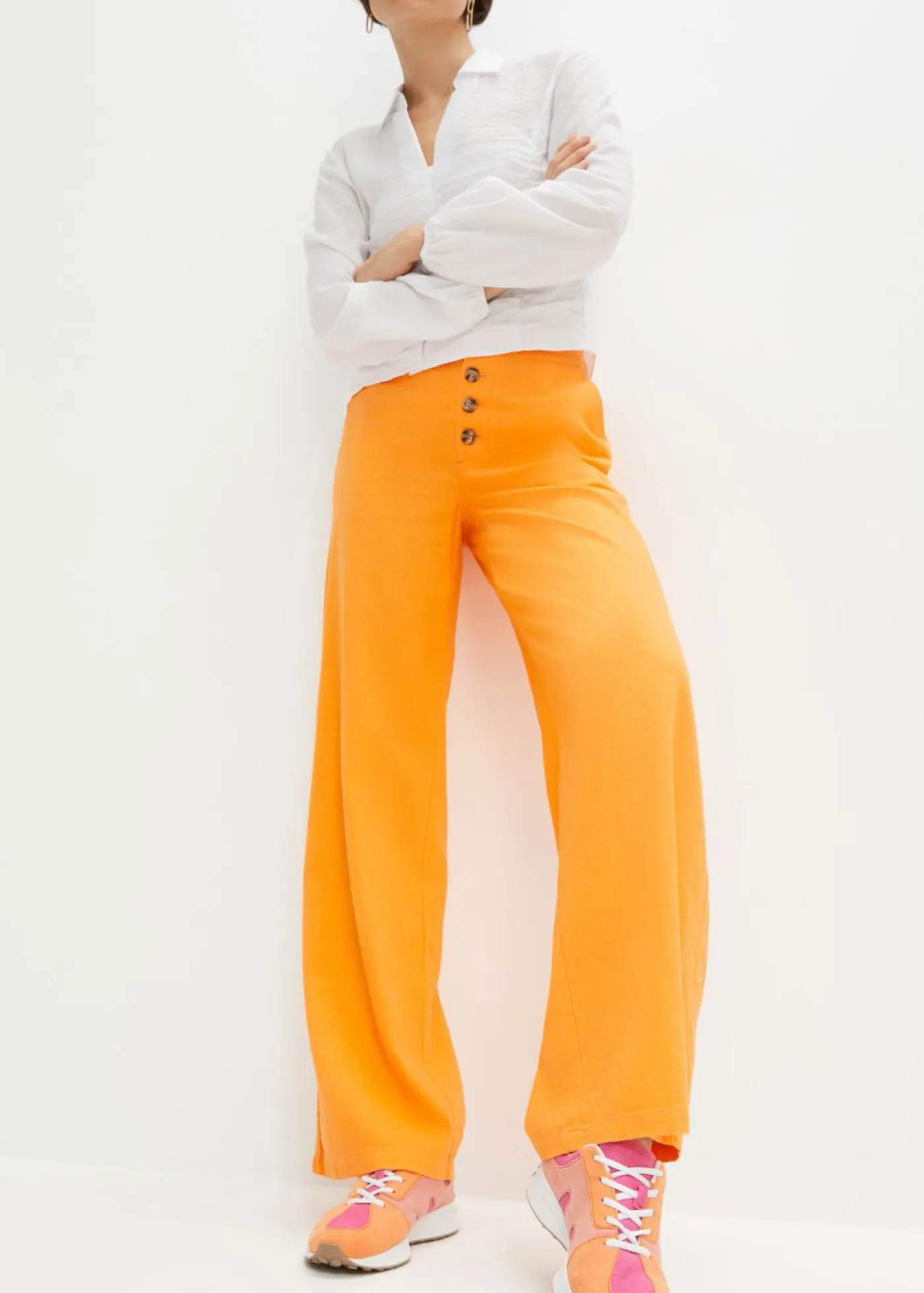 New Pantalón palazzo largo con lino Mujer Pantalones|Novedades