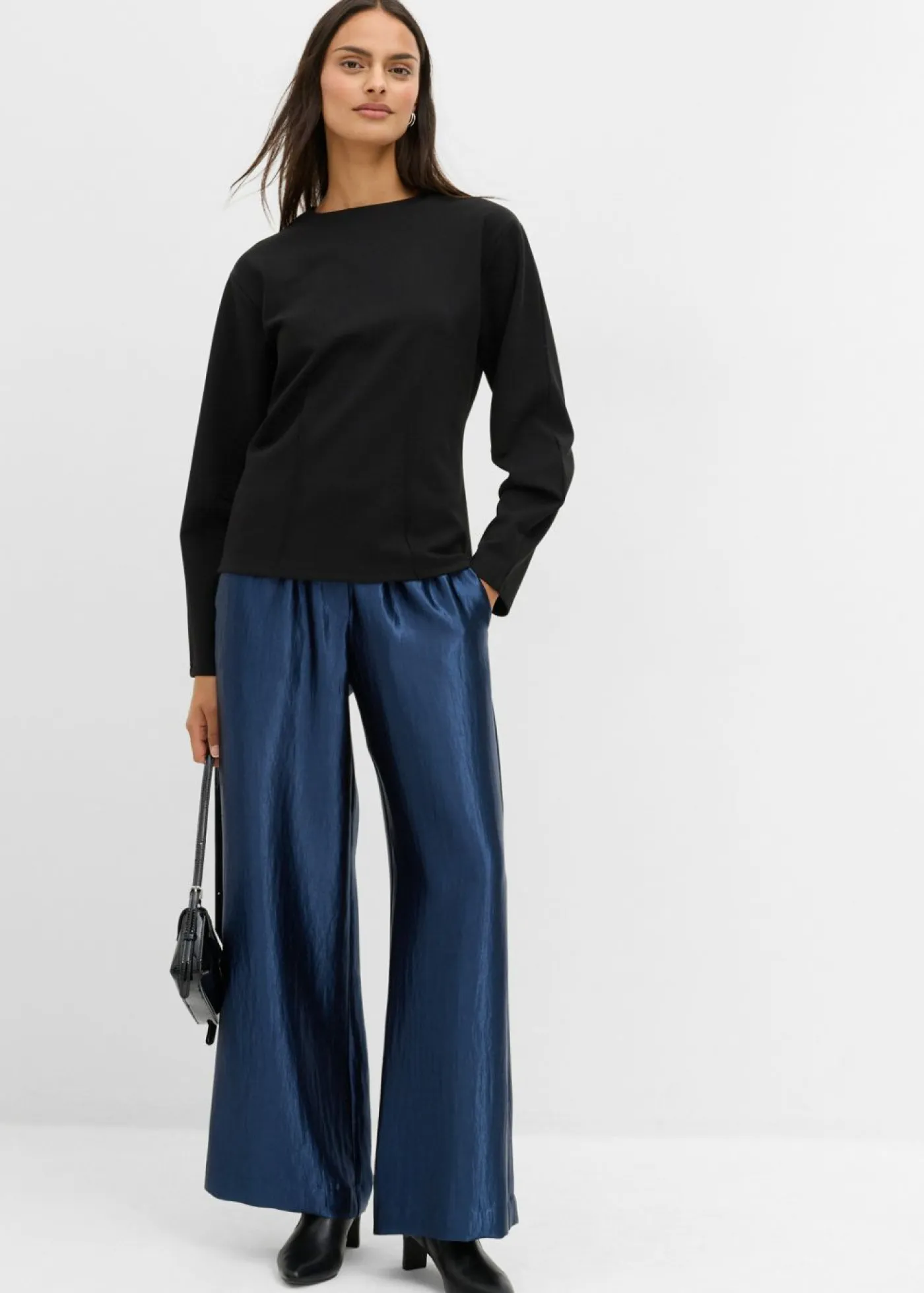 Online Pantalón palazzo satinado con cinturilla cómoda Mujer Esenciales|Pantalones