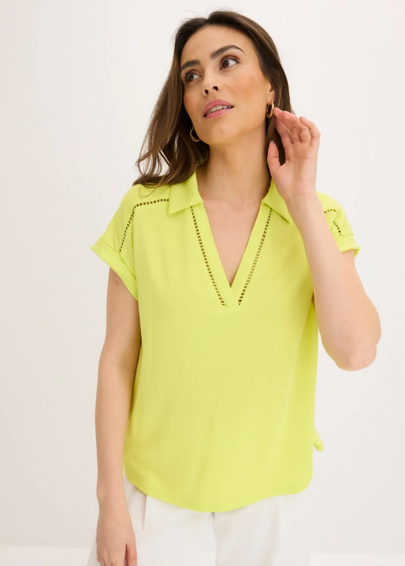 Polo de piqué de viscosa con inserto de encaje Mujer Camisetas