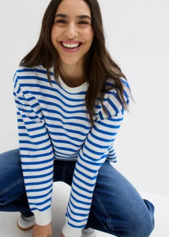 Discount Sudadera de algodón orgánico con manga larga y diseño de rayas Mujer Básicos|Ropa Cómoda