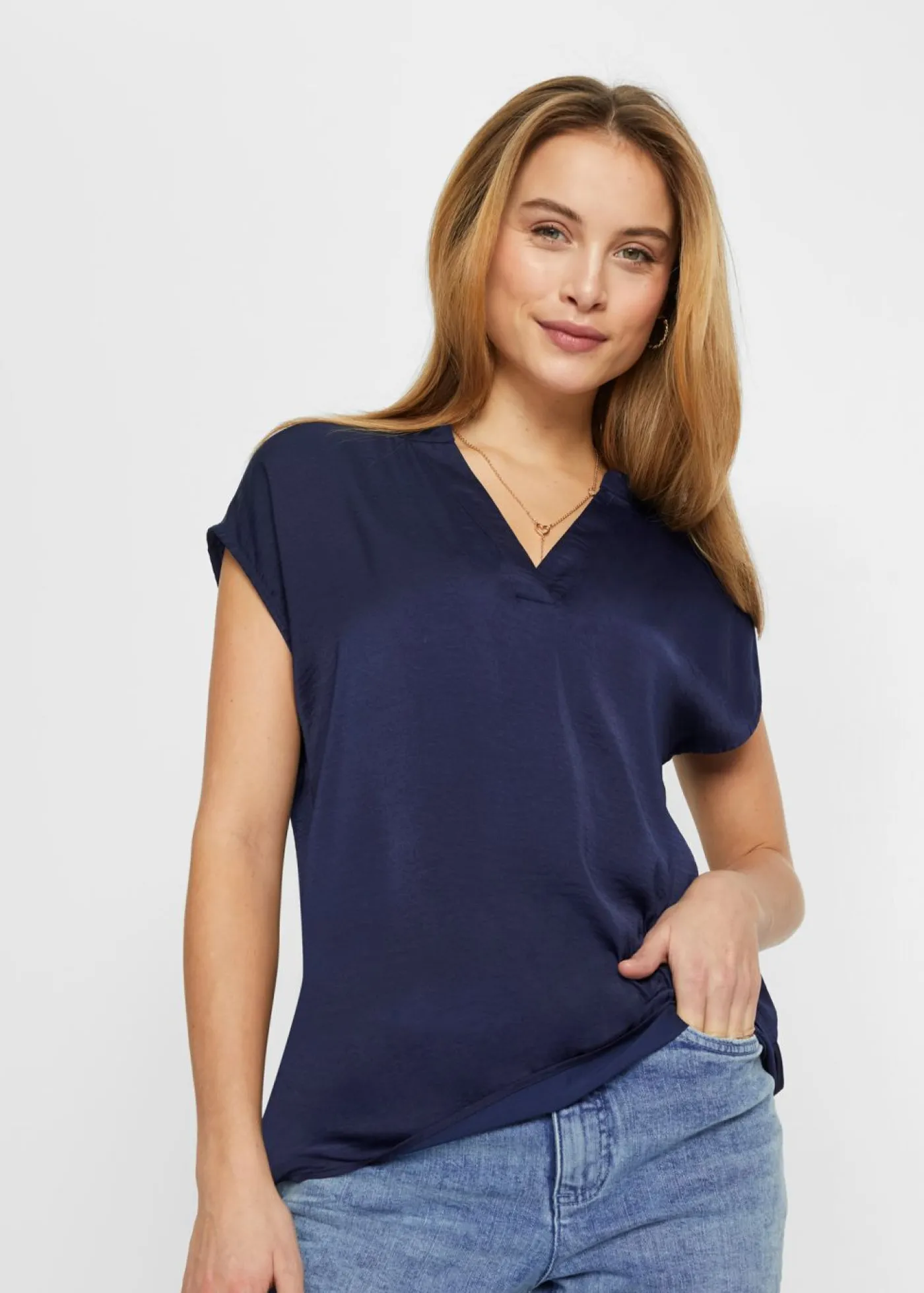 New Túnica holgada de satén de manga corta con hombros caídos Mujer Camisas Y Blusas