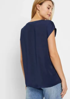New Túnica holgada de satén de manga corta con hombros caídos Mujer Camisas Y Blusas