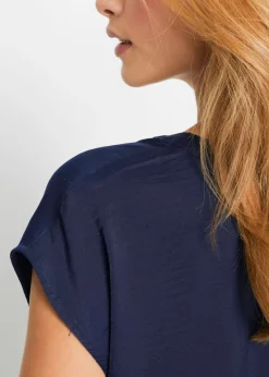 New Túnica holgada de satén de manga corta con hombros caídos Mujer Camisas Y Blusas