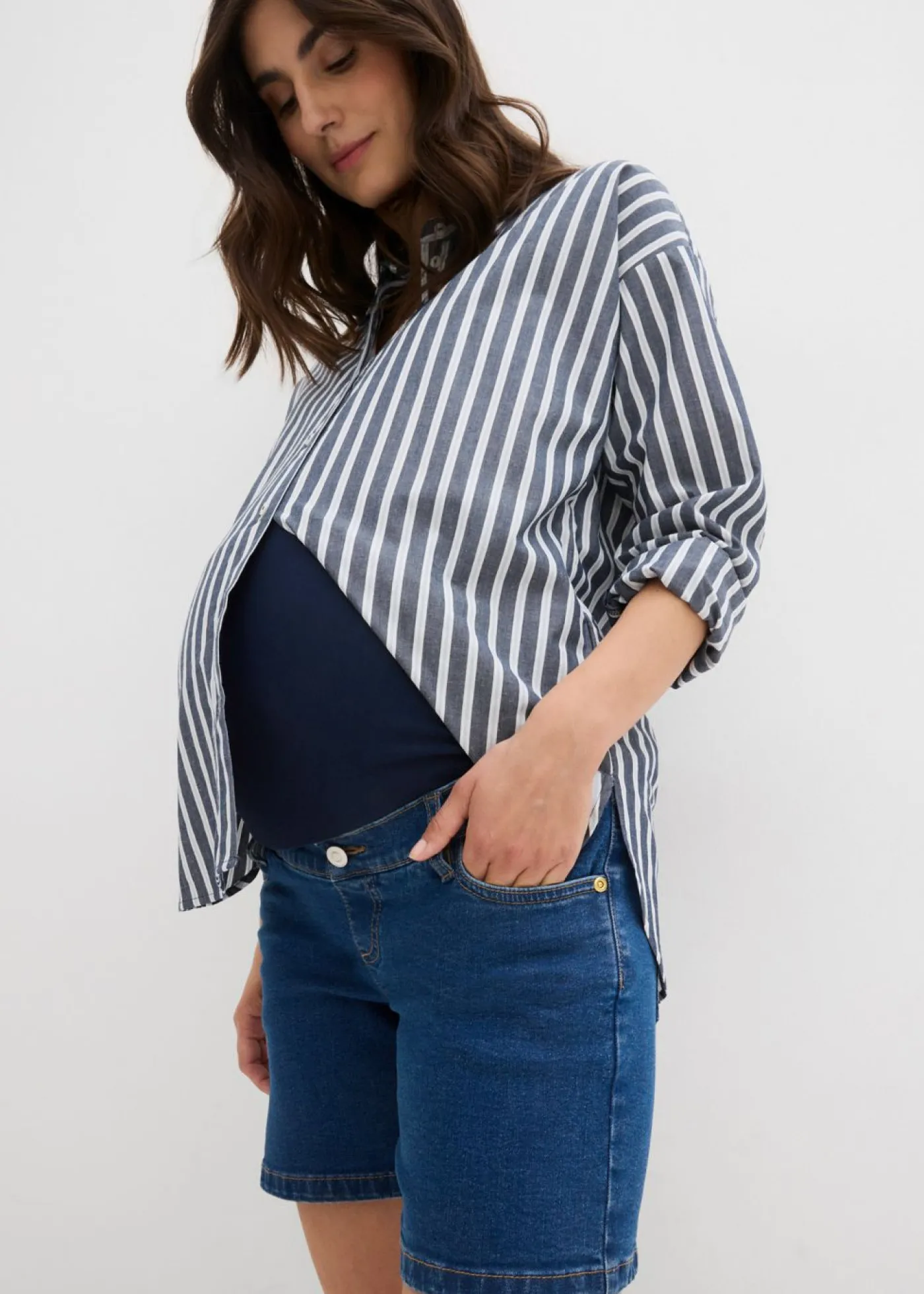 Hot Vaqueros cortos premamá de denim elástico de algodón Mujer Premamá