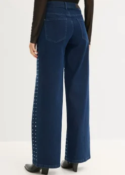 Sale Vaqueros rectos de talle medio con aplicación de piedras brillantes Mujer Vaqueros