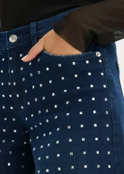 Sale Vaqueros rectos de talle medio con aplicación de piedras brillantes Mujer Vaqueros