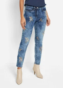 Vaqueros slim fit, con bordado de flores Mujer Vaqueros