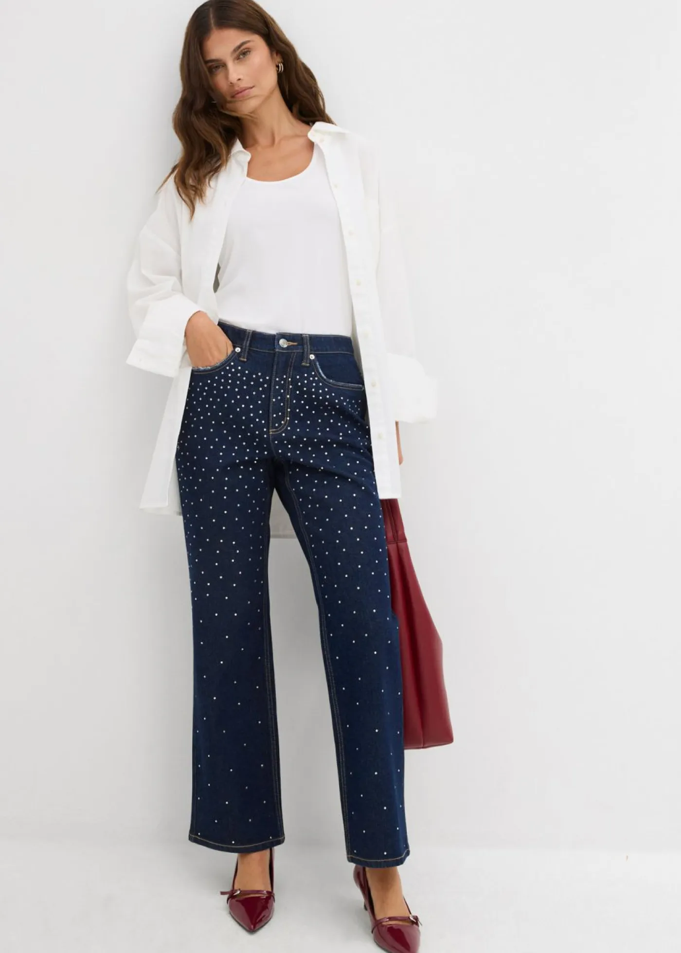 Clearance Vaqueros straight, mid waist, con piedras brillantes Mujer Vaqueros