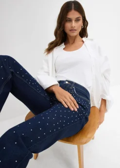 Clearance Vaqueros straight, mid waist, con piedras brillantes Mujer Vaqueros