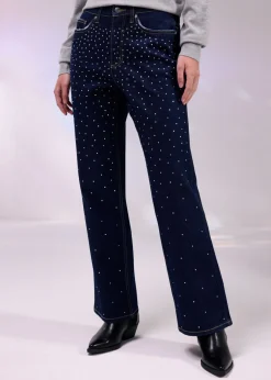 Clearance Vaqueros straight, mid waist, con piedras brillantes Mujer Vaqueros