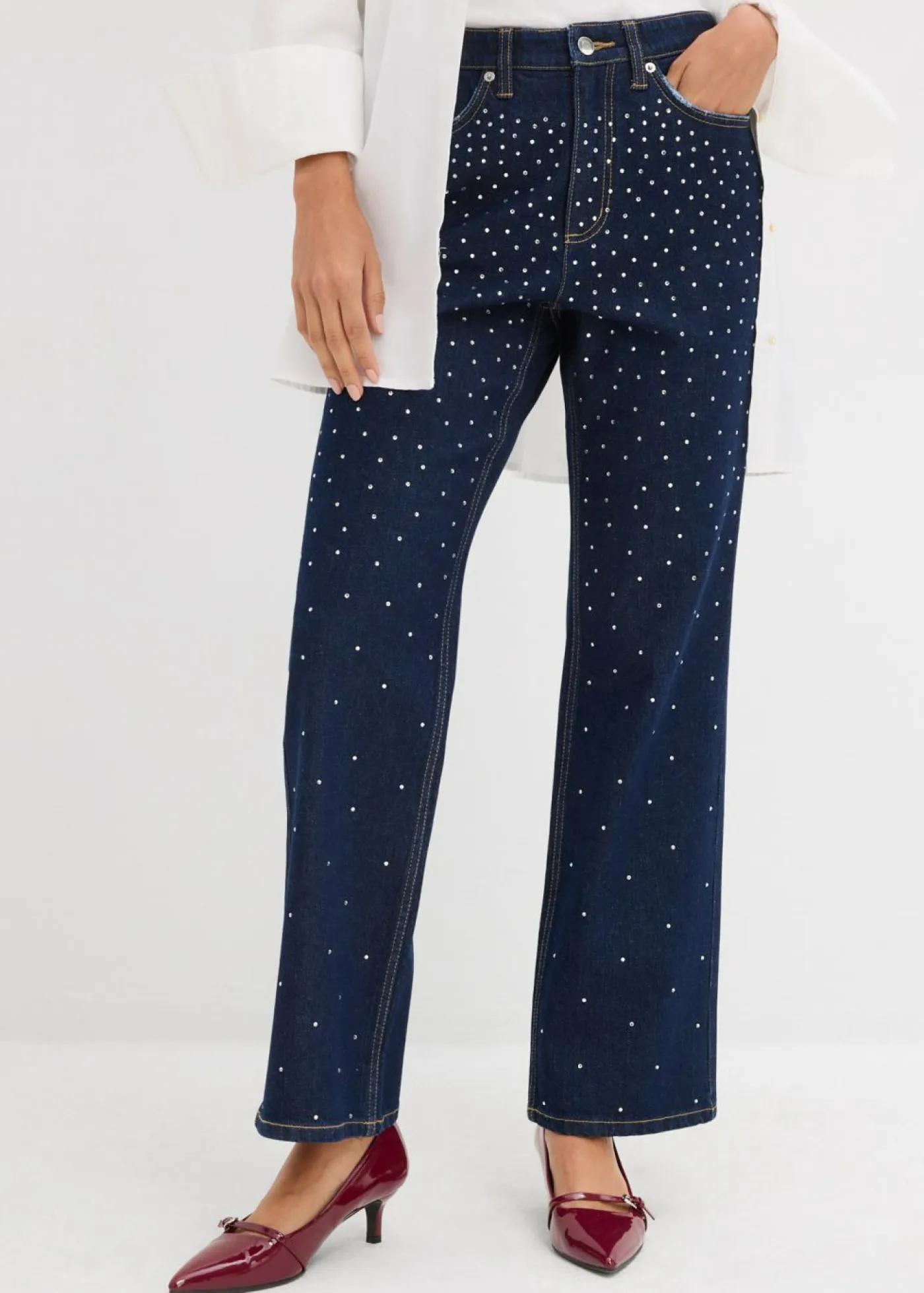 Sale Vaqueros straight, mid waist, con piedras brillantes Mujer Tallas Pequeñas
