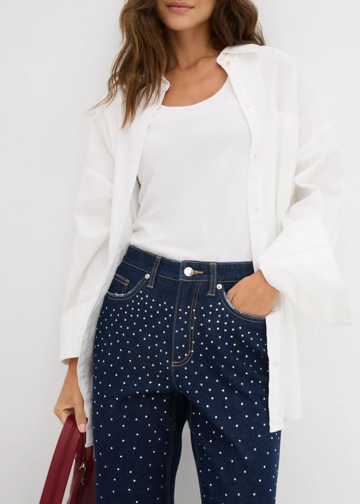 Sale Vaqueros straight, mid waist, con piedras brillantes Mujer Tallas Pequeñas