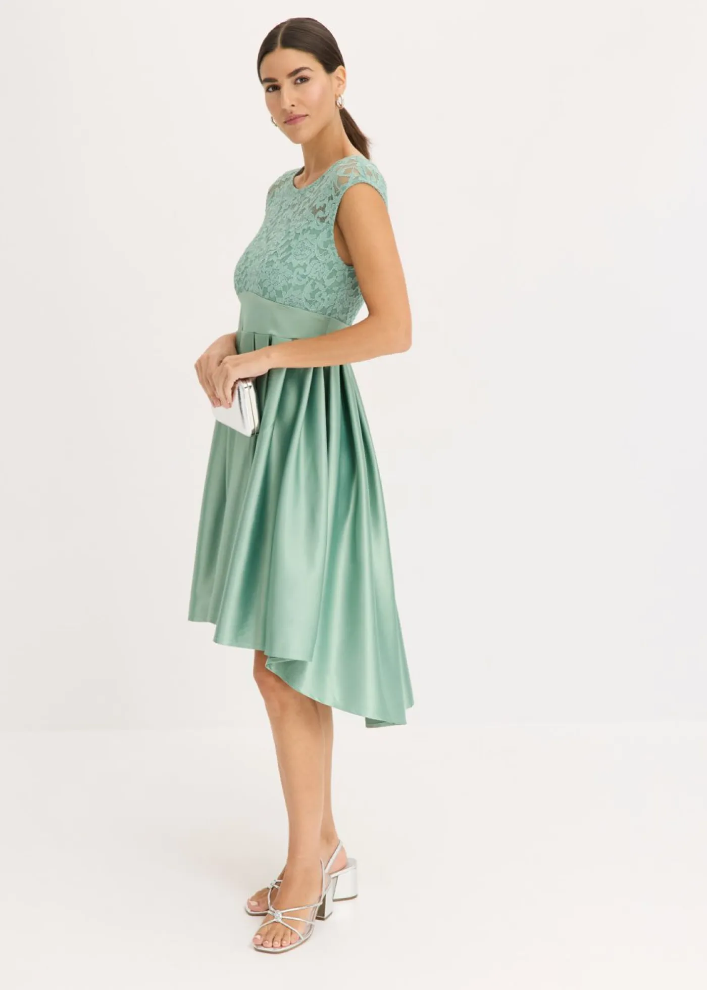 New Vestido asimétrico de satén brillante con encaje Mujer Vestidos|Ropa Elegante
