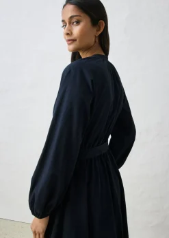 New Vestido camisero con parte de seda y cinturón Mujer Premium|Vestidos