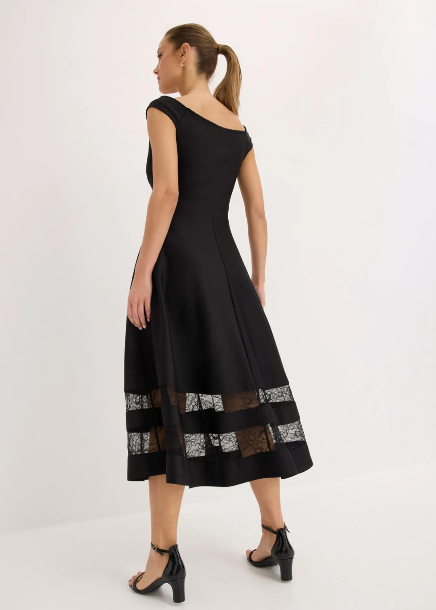 Sale Vestido con escote bañera, encaje y cinturón Mujer Vestidos|Ropa Elegante