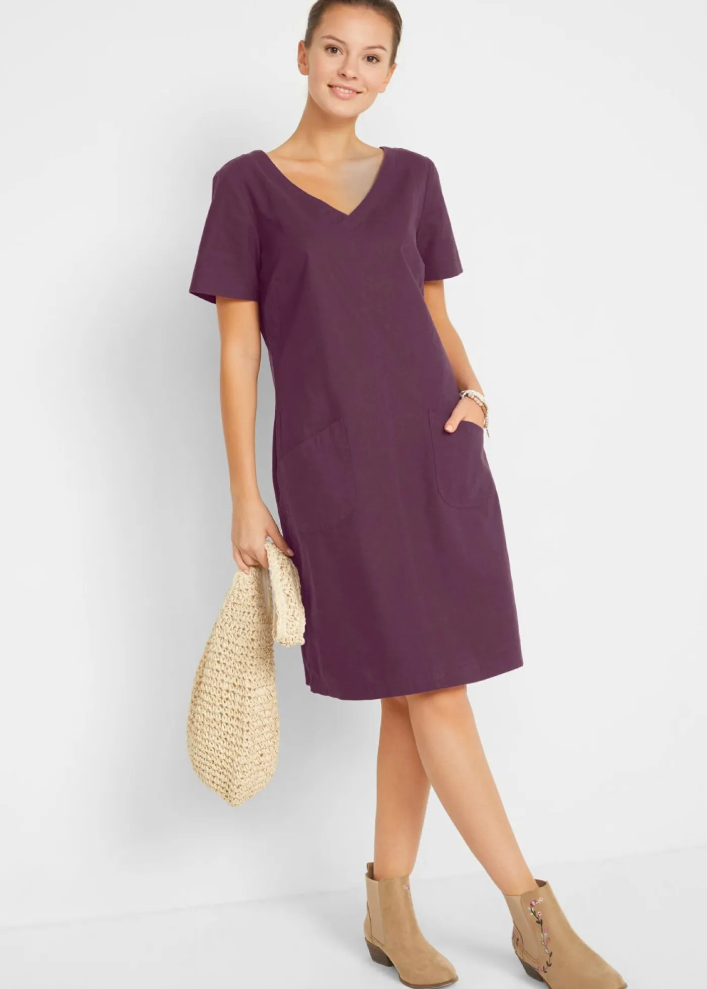 Vestido corto con lino Mujer Vestidos