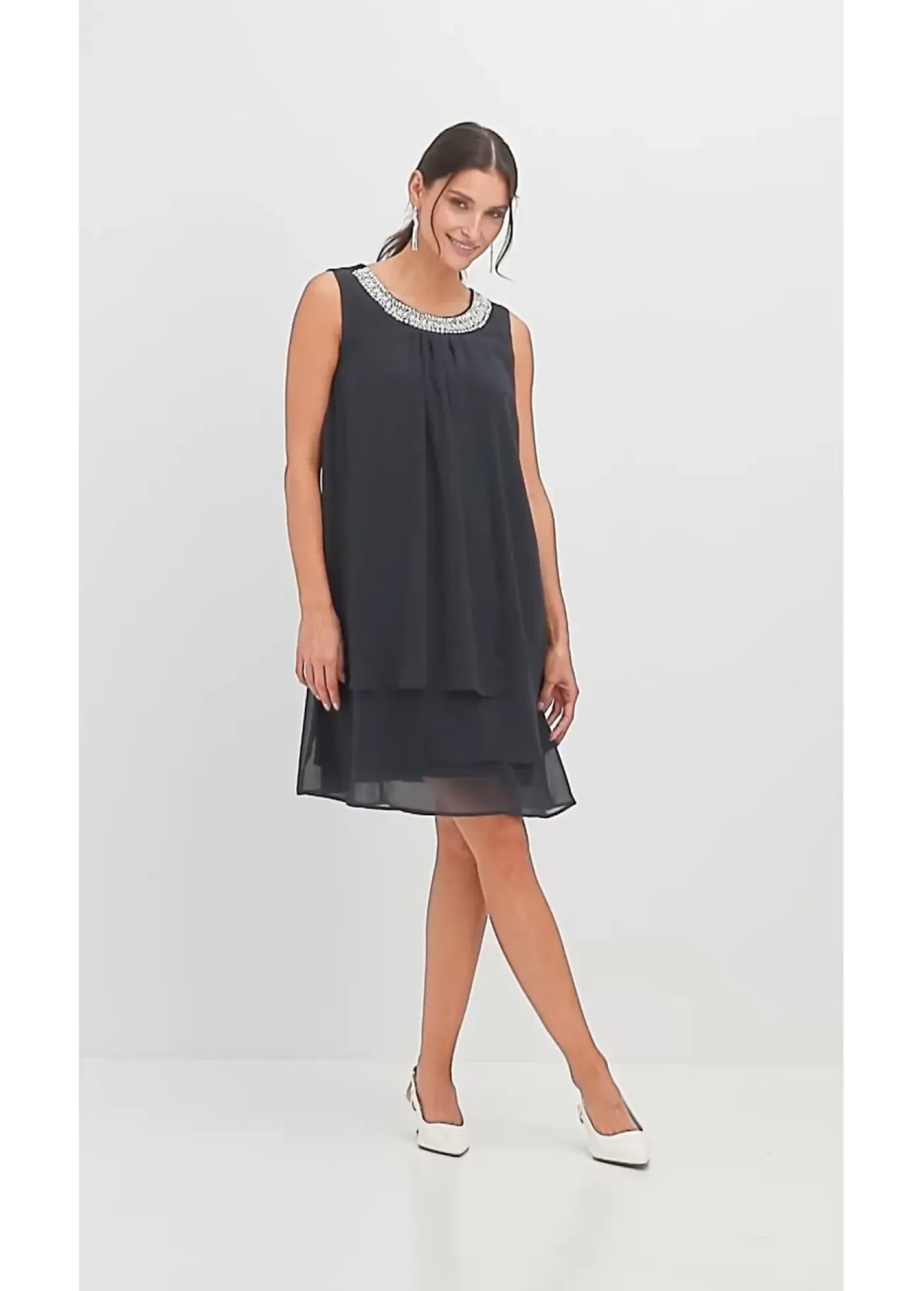 Outlet Vestido de gasa con aplicación de piedras Mujer Vestidos|Novedades