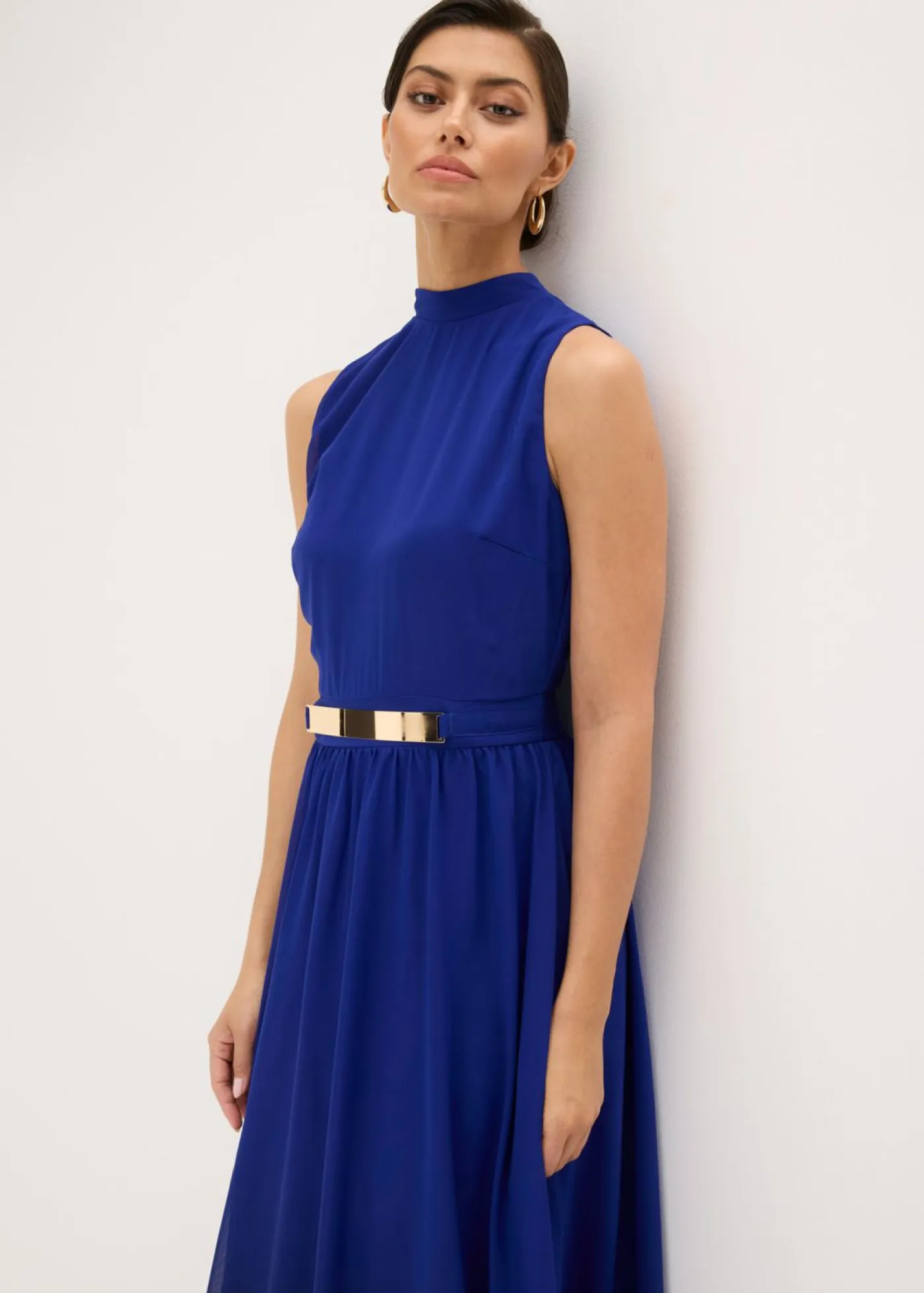 Sale Vestido de gasa con cuello e inserción en la cintura Mujer Vestidos|Ropa Elegante