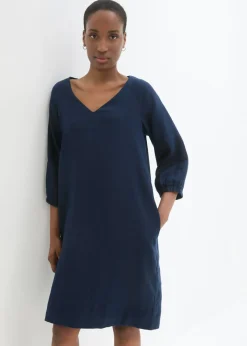 New Vestido de lino puro con mangas 3/4 Mujer Premium|Vestidos