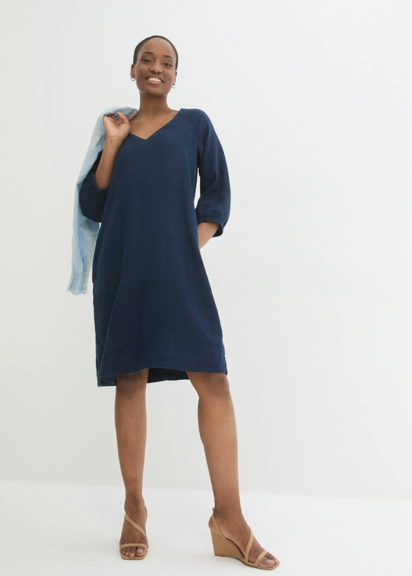 New Vestido de lino puro con mangas 3/4 Mujer Premium|Vestidos