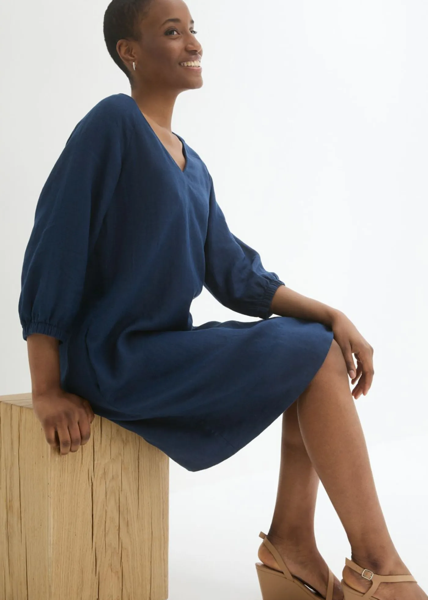 New Vestido de lino puro con mangas 3/4 Mujer Premium|Vestidos