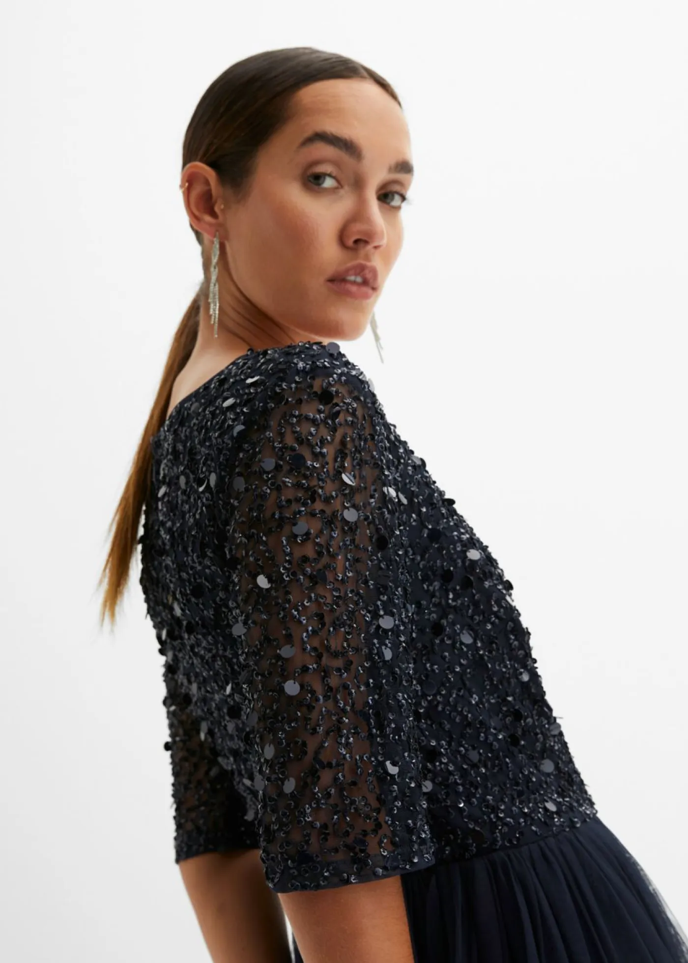 Outlet Vestido de noche de tul delicado con bordado de lentejuelas Mujer Vestidos|Tallas Pequeñas