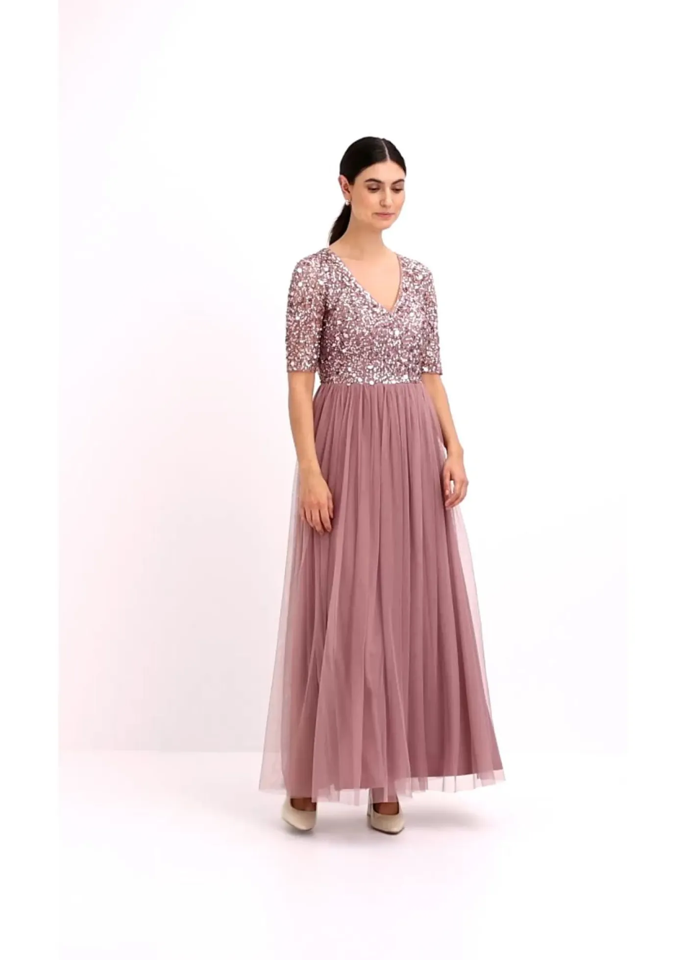 Outlet Vestido de noche de tul delicado con bordado de lentejuelas Mujer Vestidos|Tallas Pequeñas