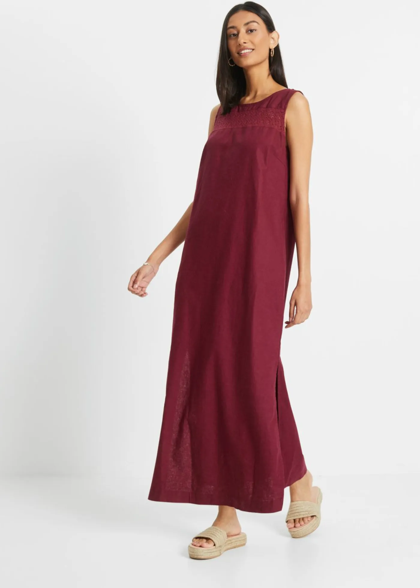 Online Vestido largo de lino con motivo perforado en el escote y abertura lateral Mujer Vestidos