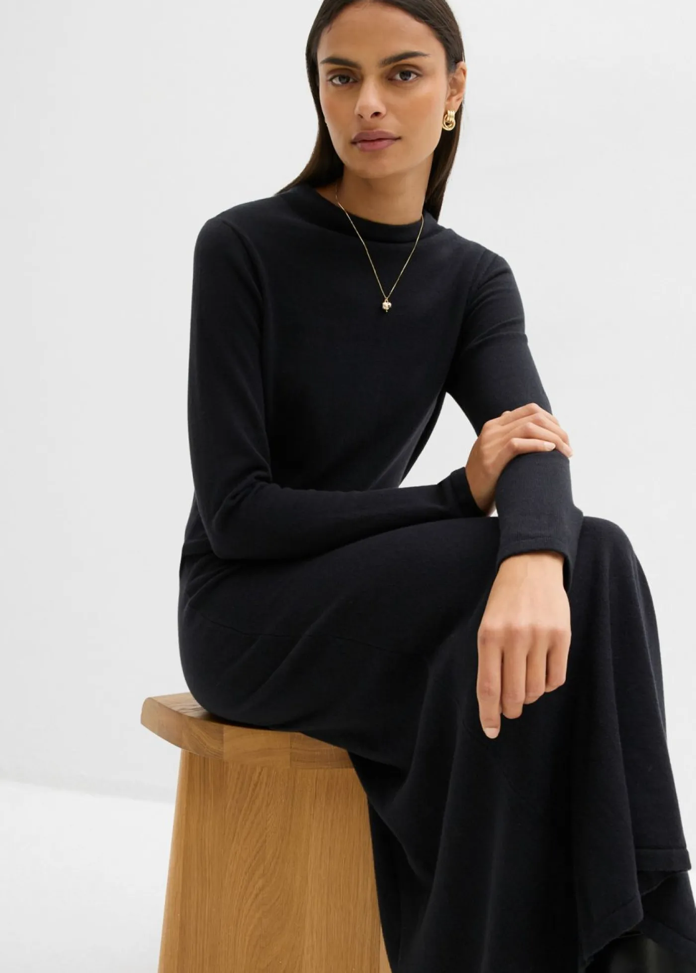 Vestido largo de punto fino con cachemir Mujer Esenciales|Vestidos