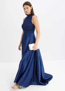 Hot Vestido largo de satén brillante con encaje Mujer Vestidos|Ropa Elegante