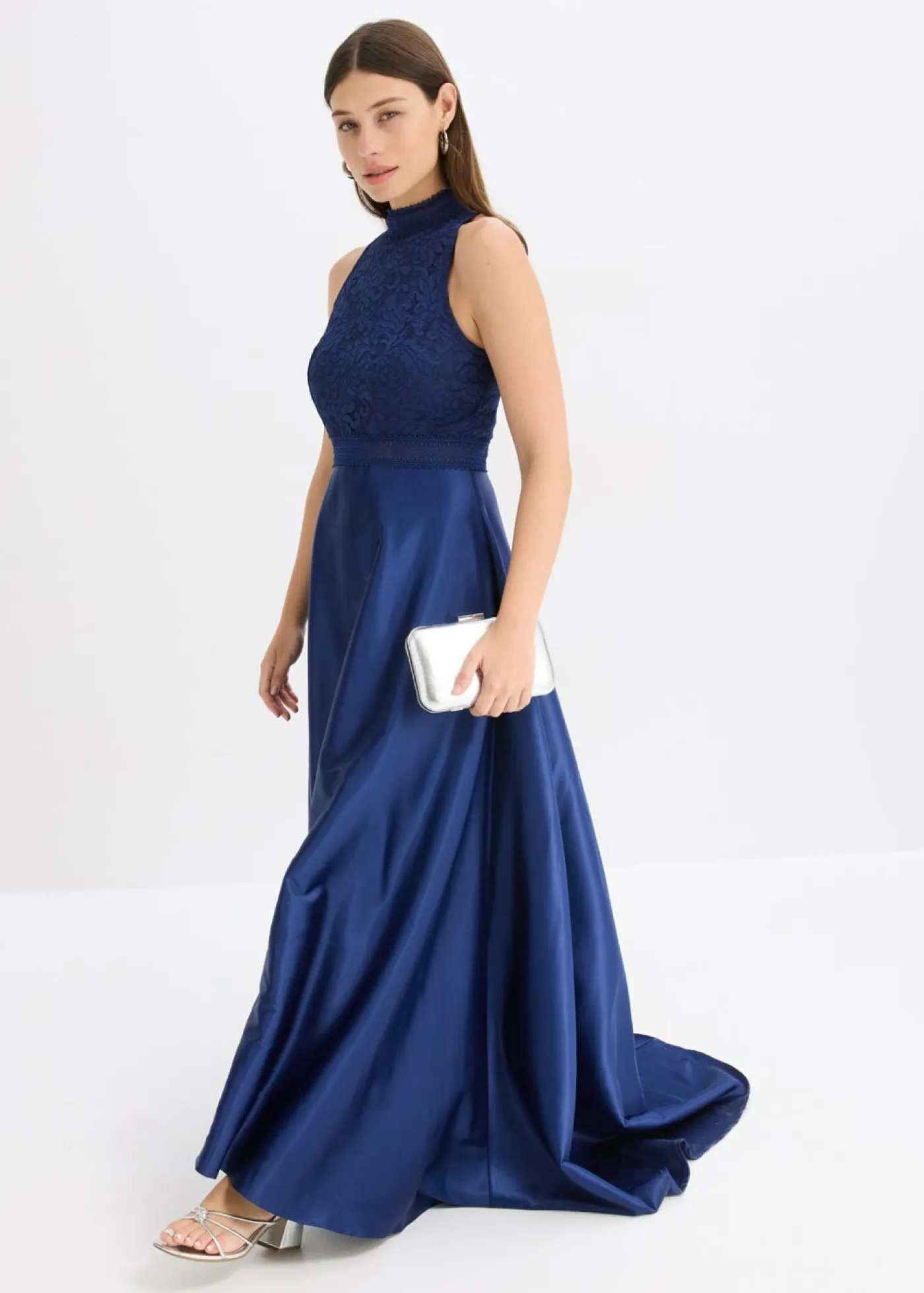 Hot Vestido largo de satén brillante con encaje Mujer Vestidos|Ropa Elegante