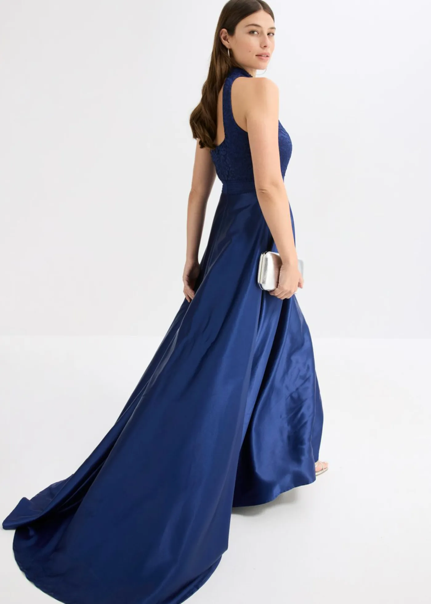Hot Vestido largo de satén brillante con encaje Mujer Vestidos|Ropa Elegante