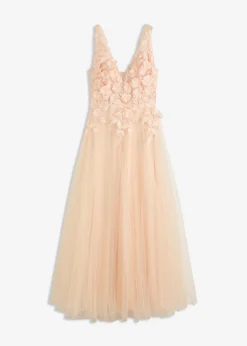 New Vestido largo de tul delicado con aplicación de flores Mujer Vestidos|Ropa Elegante