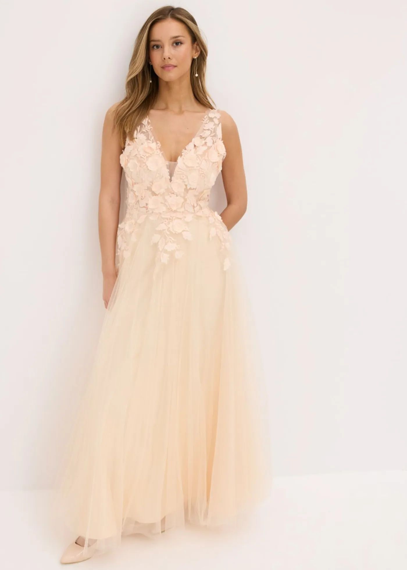 New Vestido largo de tul delicado con aplicación de flores Mujer Vestidos|Ropa Elegante