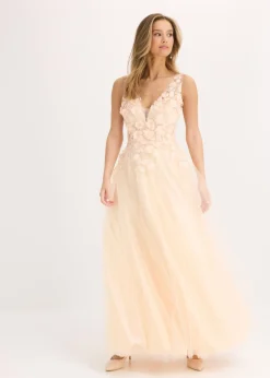 New Vestido largo de tul delicado con aplicación de flores Mujer Vestidos|Ropa Elegante